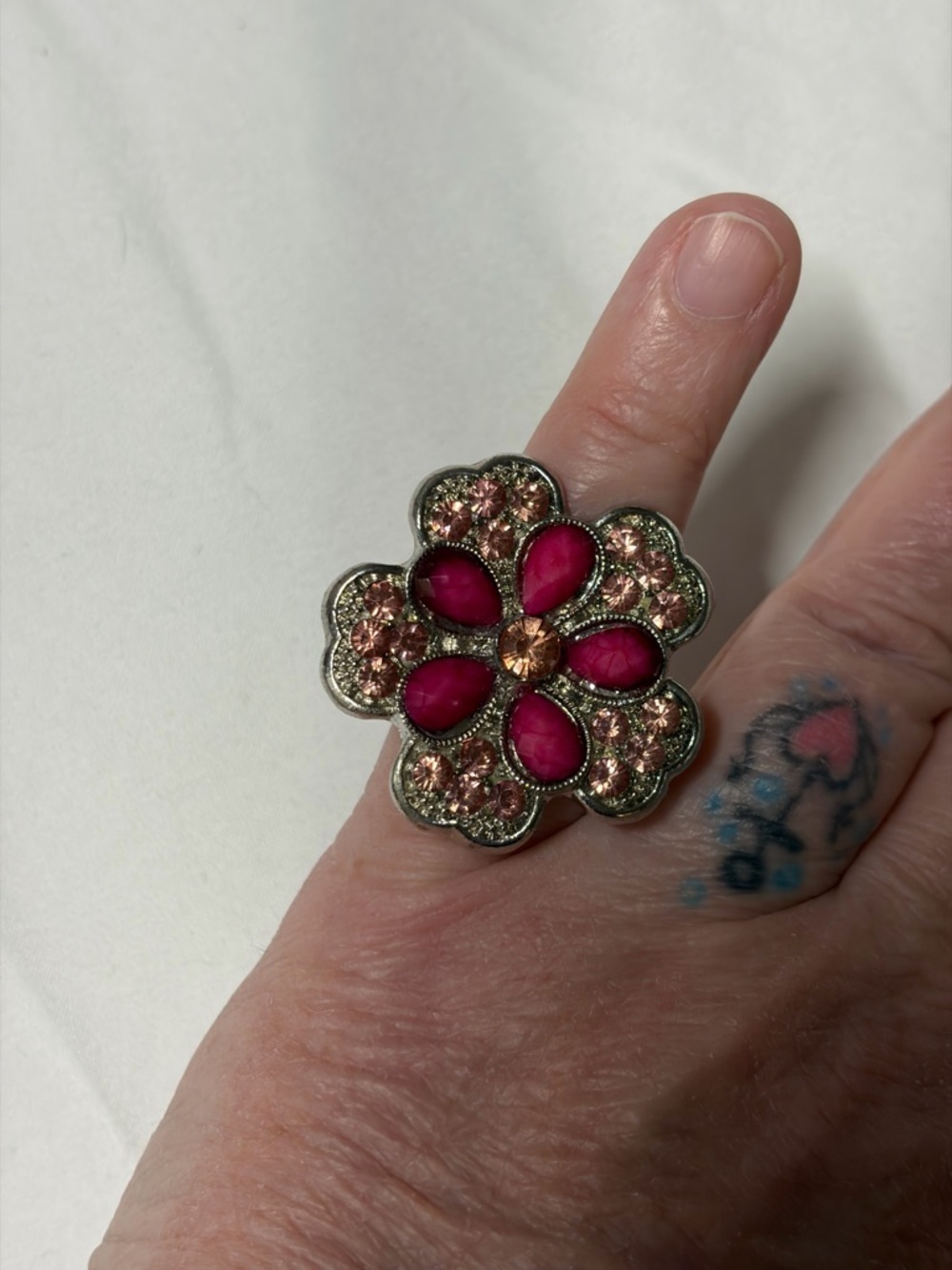 Pink Floral Statement Ring Rhinestone Adjustable - Picture 4 of 4